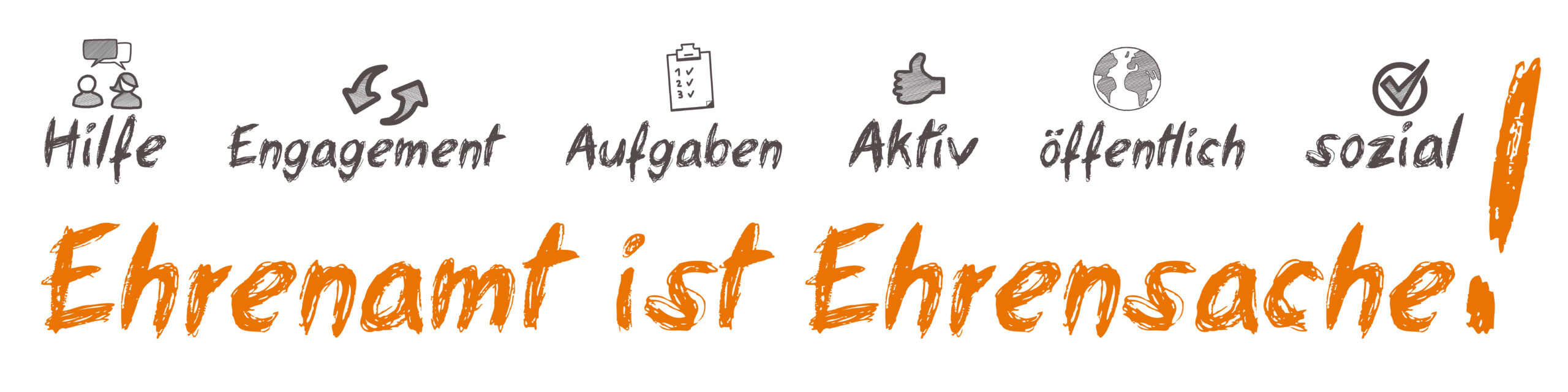 Ehrenamt ist Ehrensache – Engagement und soziale Verantwortung Grafik mit dem Schriftzug „Ehrenamt ist Ehrensache“ und Icons für Hilfe, Engagement, Aufgaben, Aktiv, Öffentlich und Sozial.