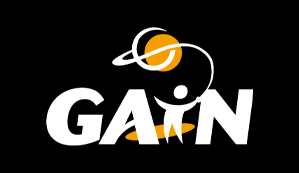 GAIN Global Aid Network Logo mit stilisiertem „i“ als Figur, die einen Basketball hochwirft.
